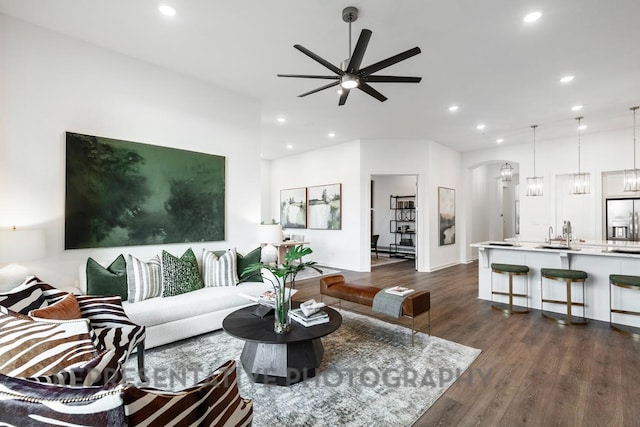 4315 Southpoint Way, Fulshear, TX 77441 - living room with recessed lighting, dark wood-style flooring, and ceiling fan