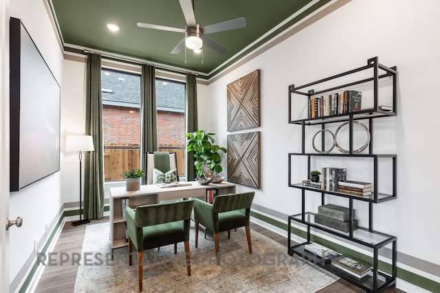 4315 Southpoint Way, Fulshear, TX 77441 - office space with wood finished floors, ceiling fan, and ornamental molding