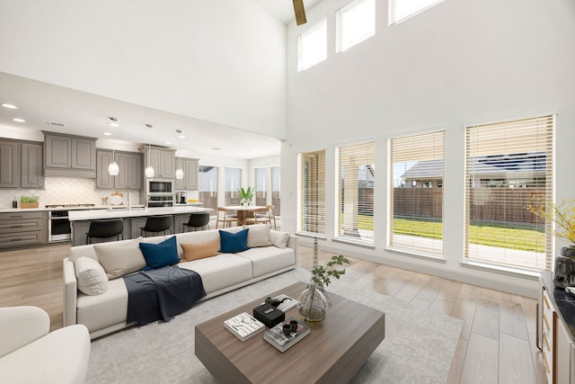2326 Bristlegrass Dr, Katy, TX 77494 - living room featuring light wood finished floors, a high ceiling, and recessed lighting