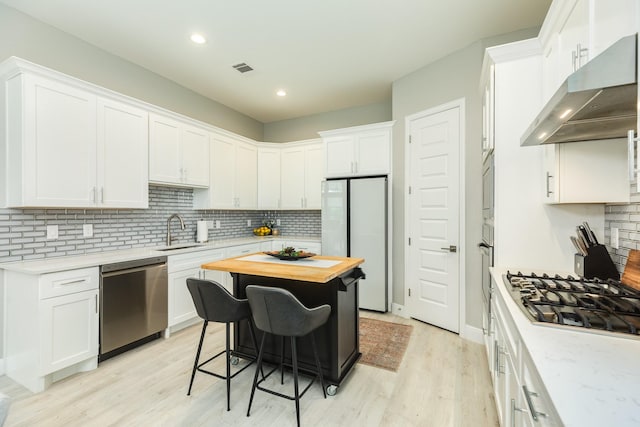9715 Highland Pointe Dr, Needville, TX 77461 - kitchen with appliances with stainless steel finishes, under cabinet range hood, a sink, white cabinets, and light wood-style flooring