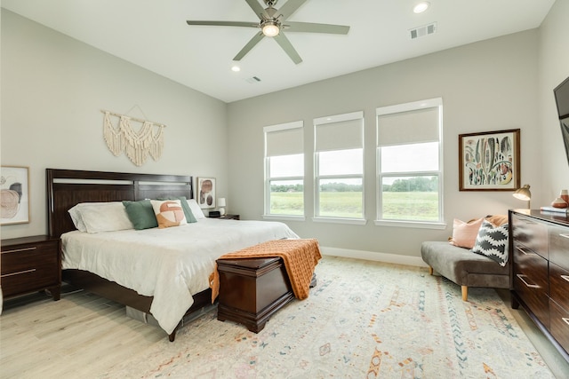 9715 Highland Pointe Dr, Needville, TX 77461 - bedroom featuring baseboards, recessed lighting, light wood-style flooring, and a ceiling fan