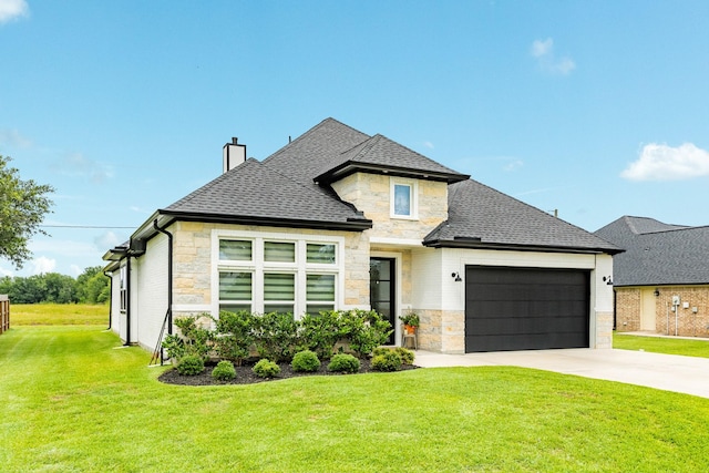 9715 Highland Pointe Dr, Needville, TX 77461 - french country inspired facade with stone siding, a front lawn, concrete driveway, a garage, and a chimney