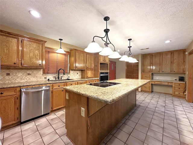 113 Fm 3454th Rd, Huntsville, TX 77320 - kitchen featuring appliances with stainless steel finishes, a sink, light tile patterned floors, backsplash, and a textured ceiling