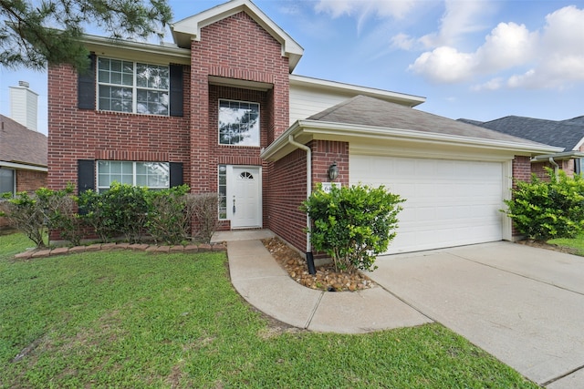 6419 Bonnie Chase Ln, Katy, TX 77449 - traditional-style home featuring an attached garage, brick siding, driveway, and a front yard