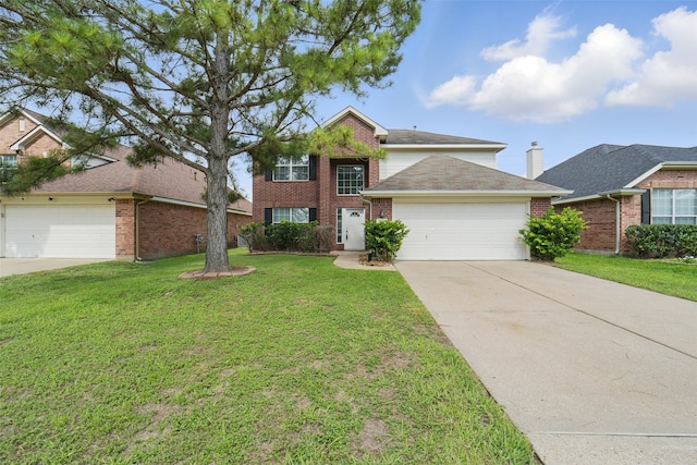 6419 Bonnie Chase Ln, Katy, TX 77449 - traditional-style house featuring brick siding, concrete driveway, a garage, and a front lawn