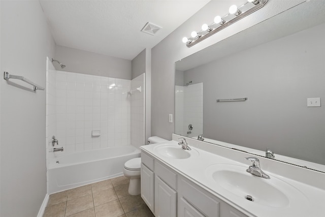 6419 Bonnie Chase Ln, Katy, TX 77449 - bathroom with toilet, double vanity, bathing tub / shower combination, tile patterned flooring, and baseboards