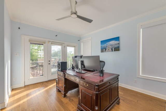 4315 Lago Viento, Austin, TX 78734 - home office with a ceiling fan, light wood-style floors, crown molding, and baseboards