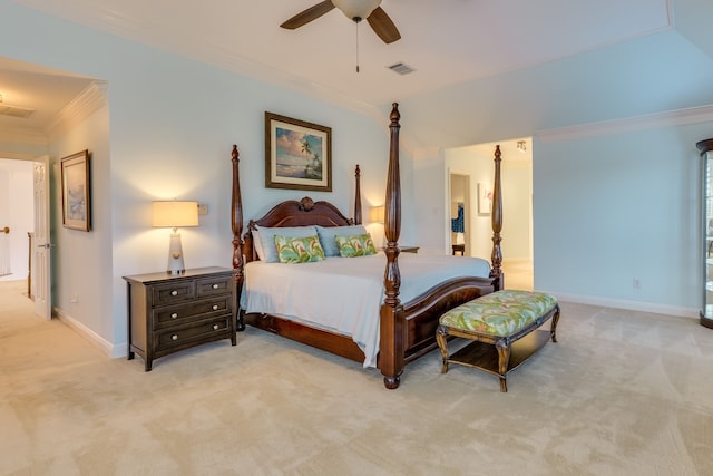 4315 Lago Viento, Austin, TX 78734 - bedroom with ornamental molding, light carpet, baseboards, and a ceiling fan