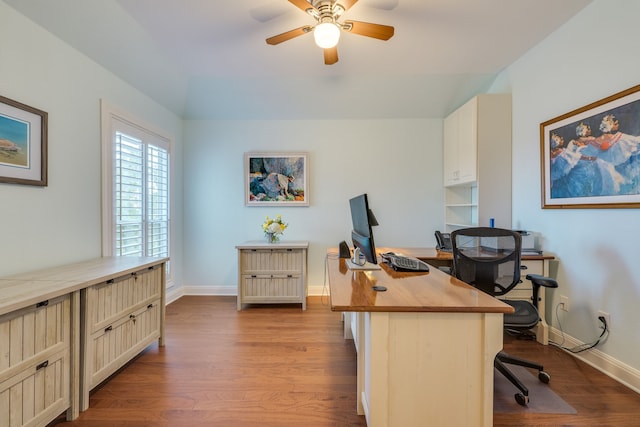 4315 Lago Viento, Austin, TX 78734 - office featuring ceiling fan, wood finished floors, and baseboards