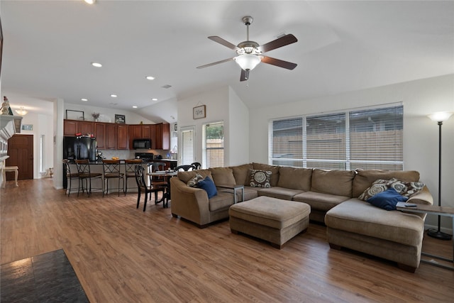 23 Drifting Shadows Cir, Conroe, TX 77385 - living room featuring lofted ceiling, ceiling fan, wood finished floors, and recessed lighting