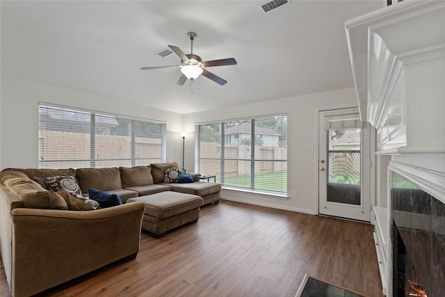 23 Drifting Shadows Cir, Conroe, TX 77385 - living room with wood finished floors, ceiling fan, healthy amount of natural light, and baseboards