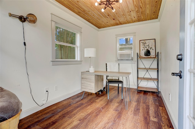 9327 Fairdale Ln, Houston, TX 77063 - office space with wooden ceiling, ornamental molding, a chandelier, wood finished floors, and baseboards
