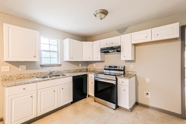 3313 Chestershire Dr, Pasadena, TX 77503 - kitchen with stainless steel range with electric stovetop, dishwasher, a sink, under cabinet range hood, and white cabinets