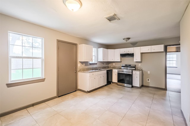 3313 Chestershire Dr, Pasadena, TX 77503 - kitchen with electric range, under cabinet range hood, a sink, black dishwasher, and white cabinetry
