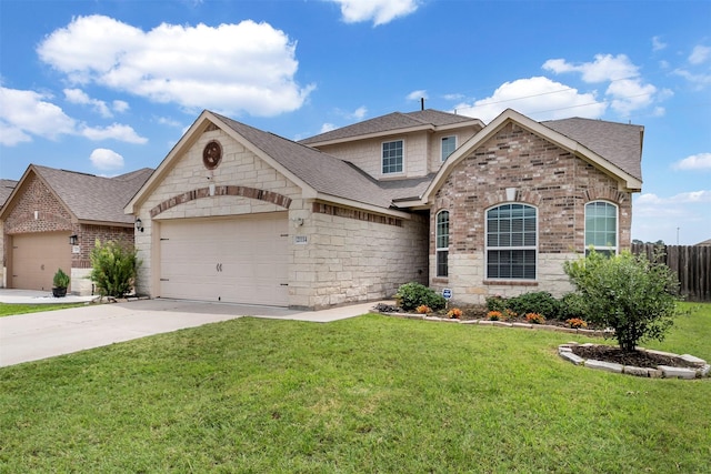 21114 Echo Manor Dr, Hockley, TX 77447 - view of front of property featuring a shingled roof, a garage, concrete driveway, and stone siding