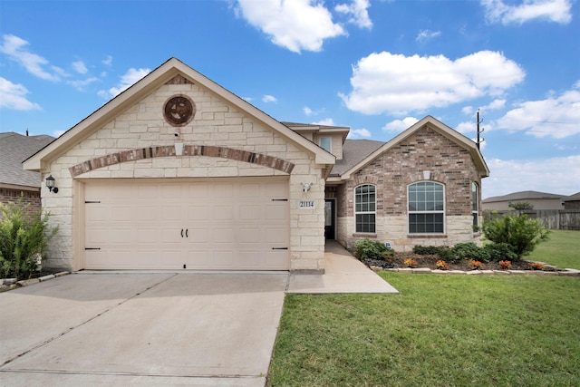 21114 Echo Manor Dr, Hockley, TX 77447 - view of front facade with concrete driveway, a front lawn, an attached garage, a shingled roof, and brick siding