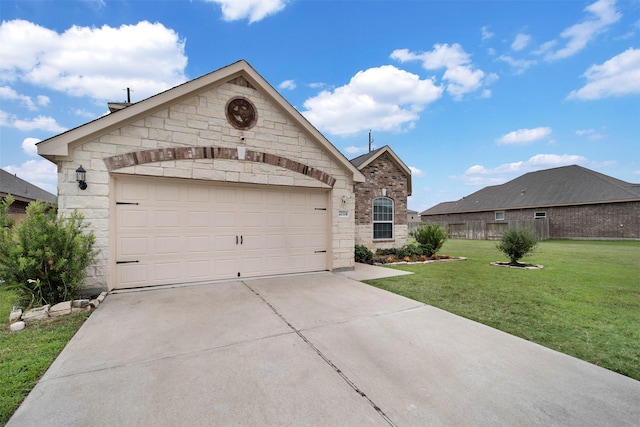 21114 Echo Manor Dr, Hockley, TX 77447 - view of front facade with driveway, a front yard, a garage, stone siding, and brick siding
