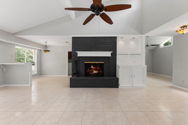 44 Foy Martin Dr, Conroe, TX 77304 - unfurnished living room with high vaulted ceiling, ceiling fan, light tile patterned floors, a fireplace, and beam ceiling