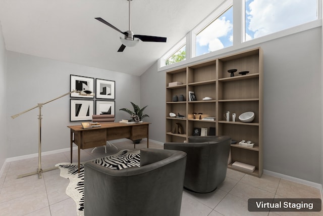 44 Foy Martin Dr, Conroe, TX 77304 - home office with a ceiling fan, light tile patterned flooring, and vaulted ceiling