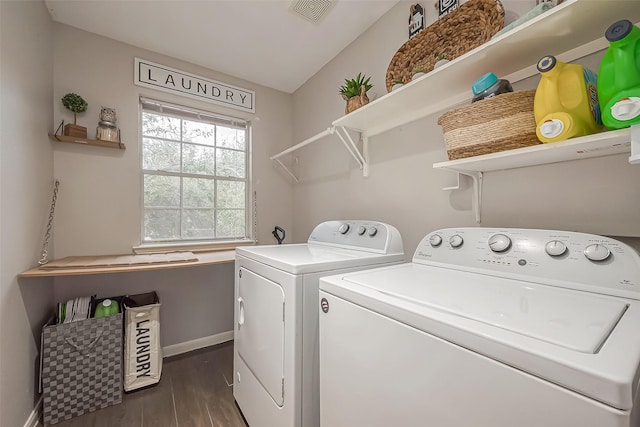 3126 Silverstag Trail Ln, Houston, TX 77073 - laundry area featuring dark wood-style flooring, washer and clothes dryer, and baseboards