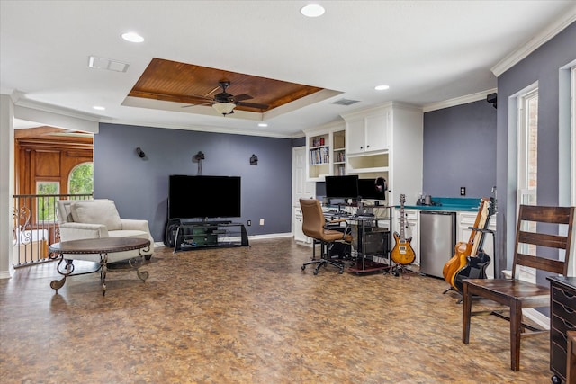 1902 Carriage Creek Ln, Friendswood, TX 77546 - office space featuring a raised ceiling, ceiling fan, recessed lighting, baseboards, and ornamental molding