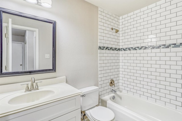 19822 Laurel Trail Dr, Cypress, TX 77433 - bathroom with vanity, toilet, shower / tub combination, and a textured wall