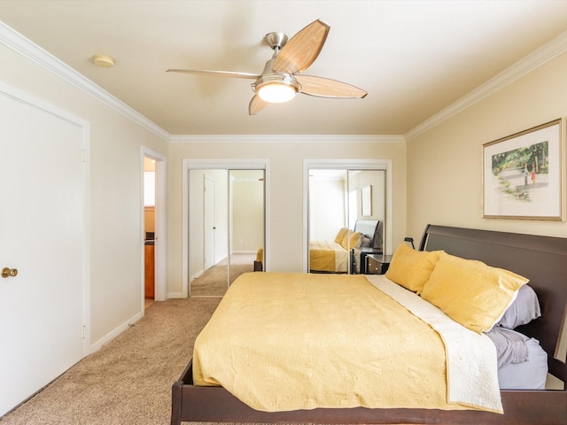 3510 Las Palmas St, Houston, TX 77027 - carpeted bedroom with two closets, crown molding, and ceiling fan
