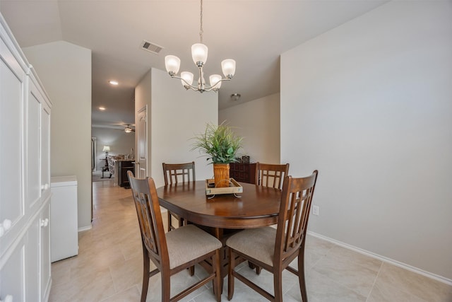 23715 Rivage Ridge Dr, Katy, TX 77493 - dining room with a chandelier, recessed lighting, a ceiling fan, light tile patterned flooring, and baseboards