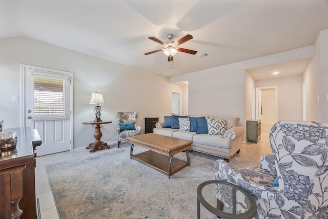 23715 Rivage Ridge Dr, Katy, TX 77493 - living room featuring light tile patterned floors, ceiling fan, and lofted ceiling