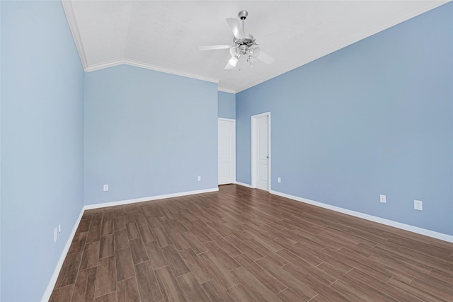 7818 Silver Lure Dr, Humble, TX 77346 - spare room with dark wood finished floors, ceiling fan, vaulted ceiling, ornamental molding, and baseboards