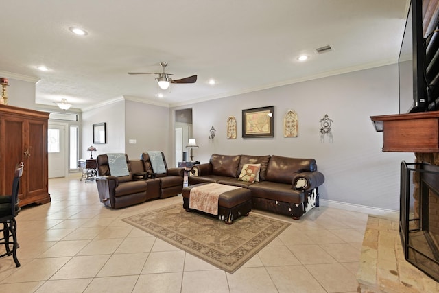 531 Private Road 6350, Dayton, TX 77535 - living area featuring light tile patterned floors, recessed lighting, a ceiling fan, and ornamental molding