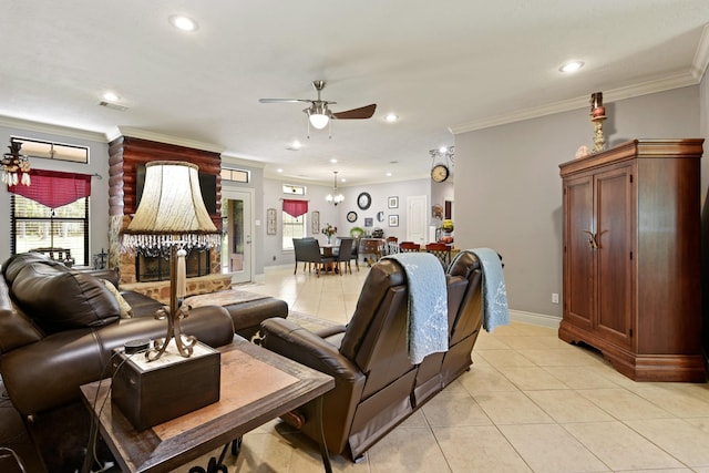 531 Private Road 6350, Dayton, TX 77535 - living room with ceiling fan, light tile patterned floors, recessed lighting, and crown molding