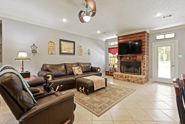 531 Private Road 6350, Dayton, TX 77535 - living area featuring light tile patterned flooring, a large fireplace, a ceiling fan, ornamental molding, and recessed lighting