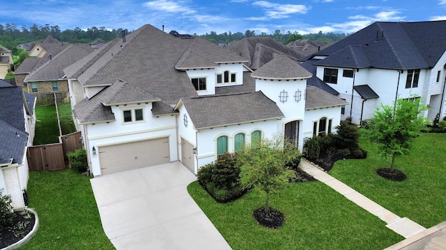 12813 N Palomino Lake Cir, Cypress, TX 77429 - french country inspired facade with a shingled roof, a residential view, driveway, stucco siding, and a garage