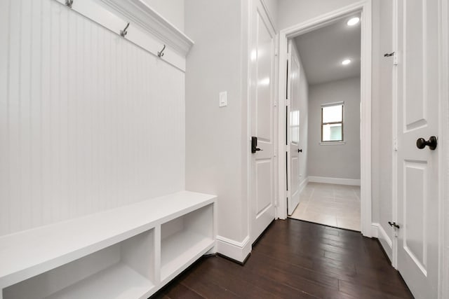 12813 N Palomino Lake Cir, Cypress, TX 77429 - mudroom with dark wood-style floors, baseboards, and recessed lighting