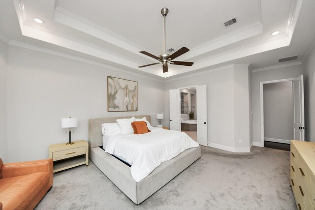 12813 N Palomino Lake Cir, Cypress, TX 77429 - bedroom with a raised ceiling, ornamental molding, light colored carpet, baseboards, and recessed lighting