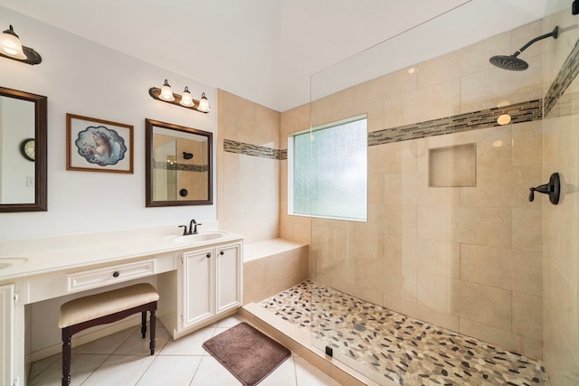 9715 Therrell Dr, Houston, TX 77064 - bathroom with a walk in shower, double vanity, and tile patterned flooring