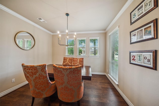 20 Camden Oaks Ln, Montgomery, TX 77356 - dining area featuring dark wood-type flooring, baseboards, ornamental molding, and a chandelier