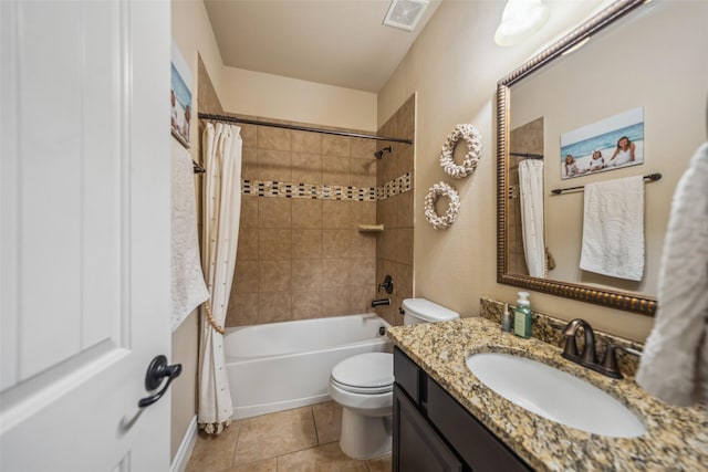 20 Camden Oaks Ln, Montgomery, TX 77356 - bathroom featuring toilet, vanity, shower / bathtub combination with curtain, and tile patterned flooring
