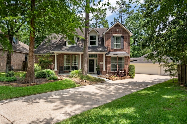 38 Agate Stream Pl, The Woodlands, TX 77381 - traditional-style house with brick siding, a front yard, a detached garage, and a shingled roof