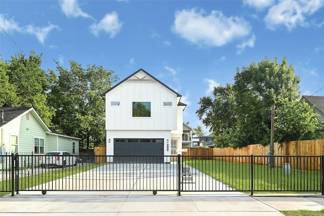5107 New Orleans St, Houston, TX 77020 - view of front of house featuring an attached garage, board and batten siding, concrete driveway, and a gate