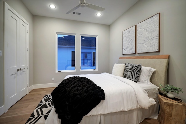 2920 Georgetown St, Houston, TX 77005 - bedroom with baseboards, wood finished floors, recessed lighting, and ceiling fan