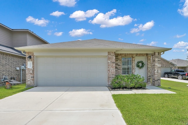 13916 Great Pines Ct, Conroe, TX 77302 - view of front facade with concrete driveway, a garage, a front lawn, and brick siding
