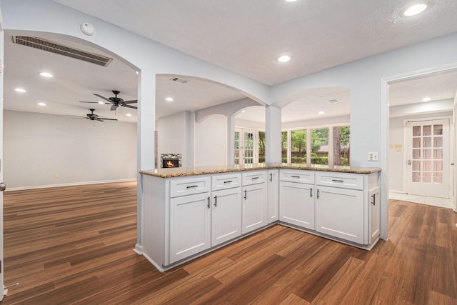 6307 Bayonne Dr, Spring, TX 77389 - kitchen featuring dark wood-type flooring, light stone countertops, white cabinets, ceiling fan, and recessed lighting