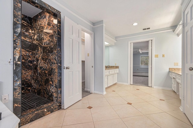 6307 Bayonne Dr, Spring, TX 77389 - bathroom with vanity, a marble finish shower, baseboards, ornamental molding, and recessed lighting