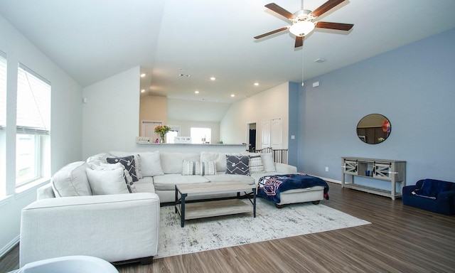 20202 Creekdale Bend Dr, Cypress, TX 77433 - living room featuring a ceiling fan, wood finished floors, lofted ceiling, baseboards, and recessed lighting
