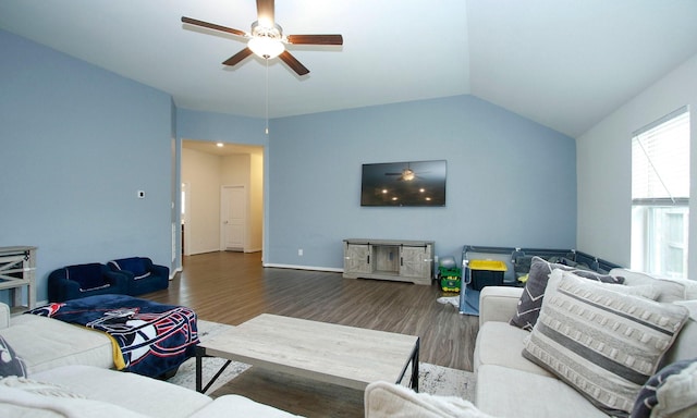 20202 Creekdale Bend Dr, Cypress, TX 77433 - living room with a ceiling fan, wood finished floors, and lofted ceiling