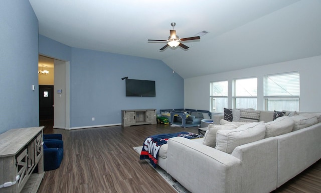 20202 Creekdale Bend Dr, Cypress, TX 77433 - living area with dark wood-style floors, a ceiling fan, vaulted ceiling, baseboards, and a chandelier