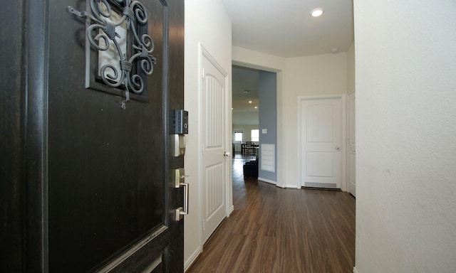 20202 Creekdale Bend Dr, Cypress, TX 77433 - hall with dark wood finished floors, recessed lighting, and baseboards