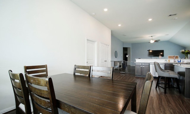 20202 Creekdale Bend Dr, Cypress, TX 77433 - dining space featuring dark wood-type flooring, vaulted ceiling, ceiling fan, and recessed lighting